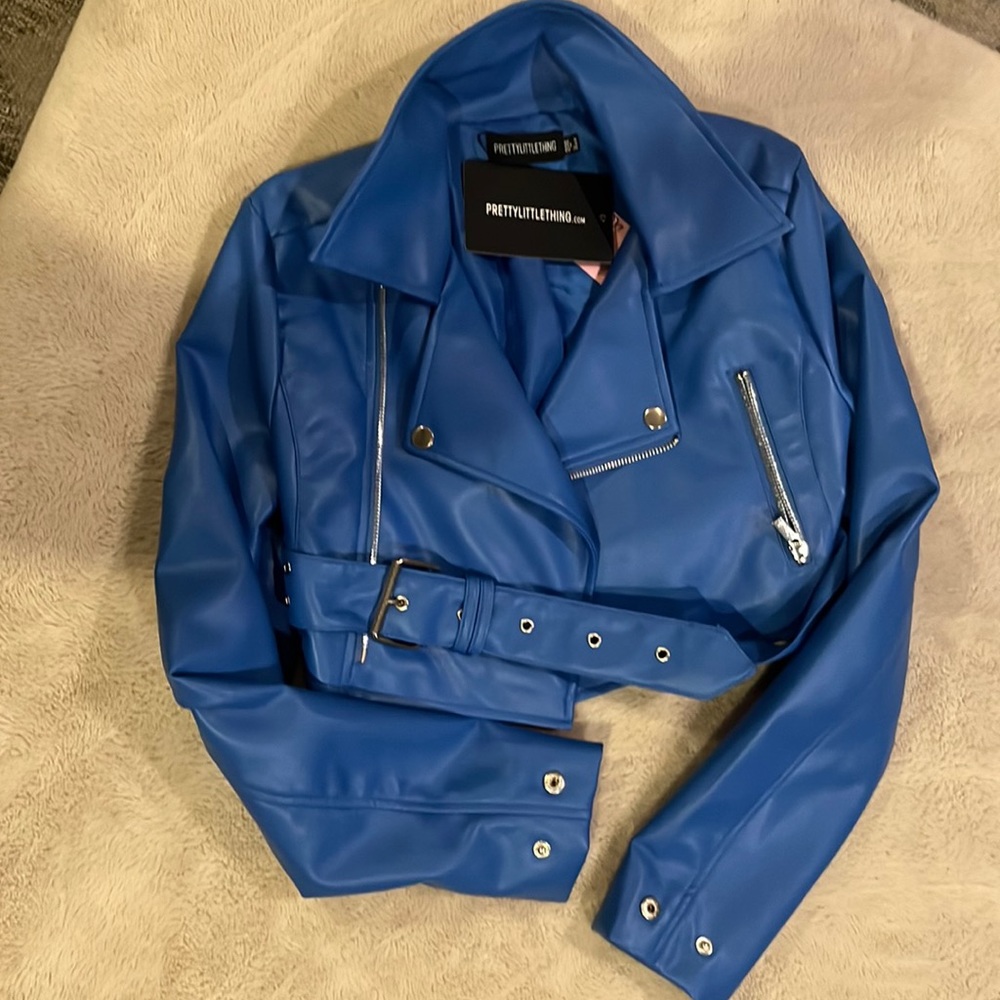 Blue faux leather super cropped belted, biker jacket.